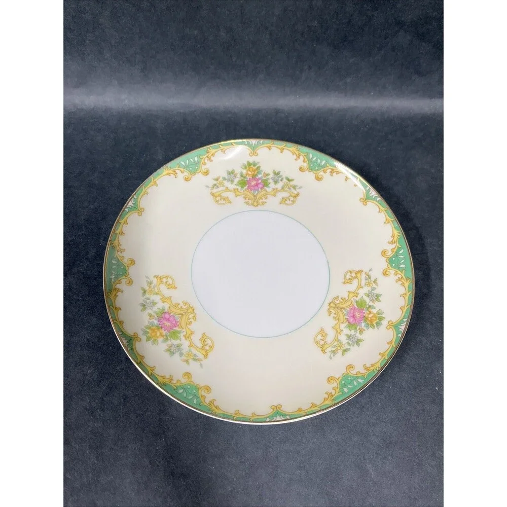 1930s Noritake Tiffany M‎ Bread Dessert Plate 6.75” Gold Trim Ivory Aqua Beige
